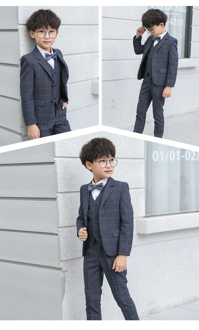 男の子 スーツ フォーマル 子供スーツ 5点セット チェック柄 ジャケット+ ベスト+シャツ+ズボン+蝶ネクタイ ynft0204set