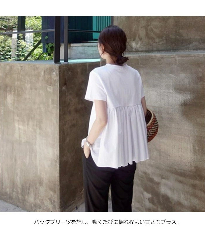 バックプリーツ 半袖 ブラウス レディース リネン バックフリル シャツ 無地 プリーツ Tシャツ  ani5032